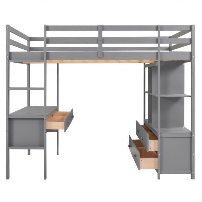lit mezzanine enfant - marque - gris - avec tiroirs de rangement et bureau sous lit - 140 x 200 cm