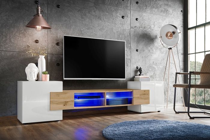 Meuble TV Merano Version 1 Komodee - LED Bleues - Bois naturel Mat et Blanc - 230 x 53 x 35 cm