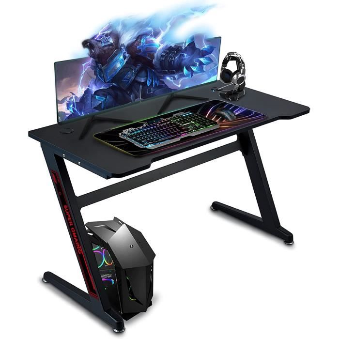 Bureau Gamer 120 Cm Avec LED - Surface En Fibre De Carbone, Structure En Z, Support Casque/porte-gobelet