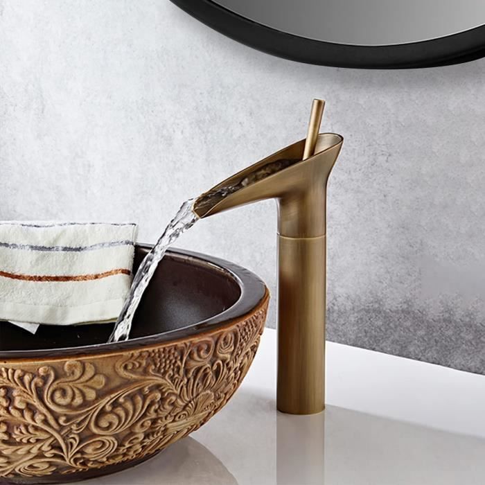Robinet de lavabo en laiton antique - Mélangeur d'évier haut 310mm - Buse de type verre à vin