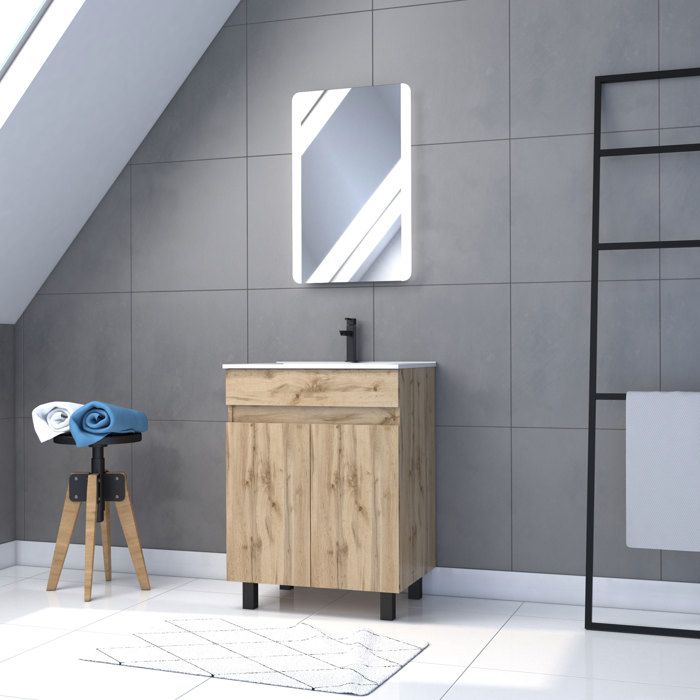 Meuble salle de bain 60x80 - Finition chene naturel - vasque blanche + miroir Led - TIMBER 60 - Pack04