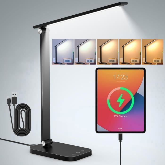 Lampe De Bureau LED à Double Tête | 12W, 5 Modes De Couleur, Intensité Réglable | Avec Adaptateur Et Port USB | Protection Des Yeux, Minuterie 45 Min