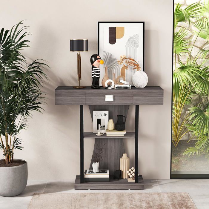 COSTWAY Table Console, Meuble d'Entrée - 3 Étagères, 1 Tiroir - L91 x ...