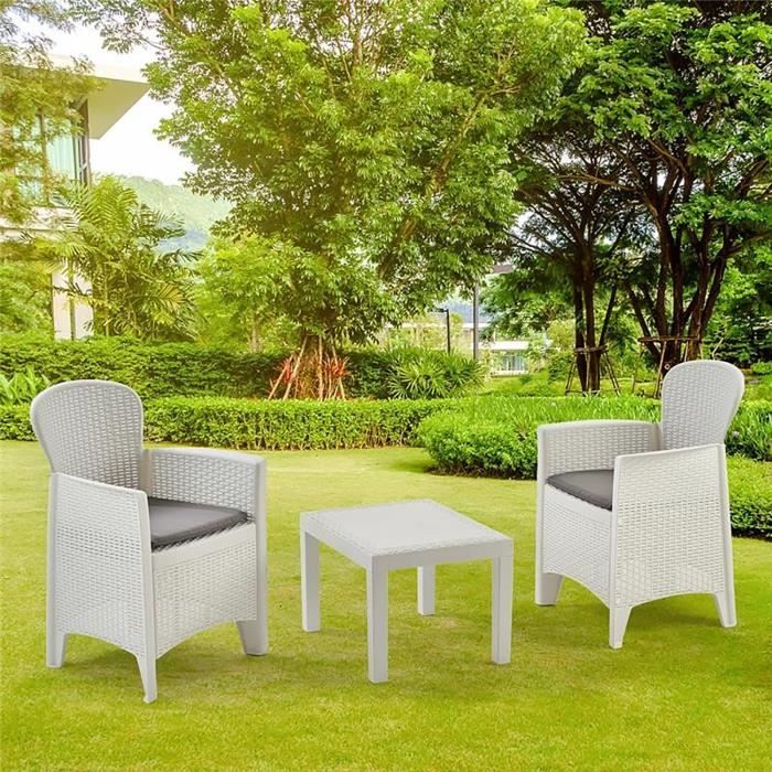 Dmora Salon intérieur et extérieur composé de : 2 fauteuils et 1 table basse avec coussins Made in Italy coloris blanc Dmora Salon intérieur et extérieur composé de : 2 fauteuils et 1 table basse avec coussins Made in Italy coloris blanc
