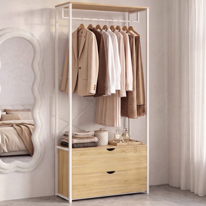 IDMARKET Dressing penderie 2 tiroirs L. 80 cm DETROIT design industriel bois et métal blanc