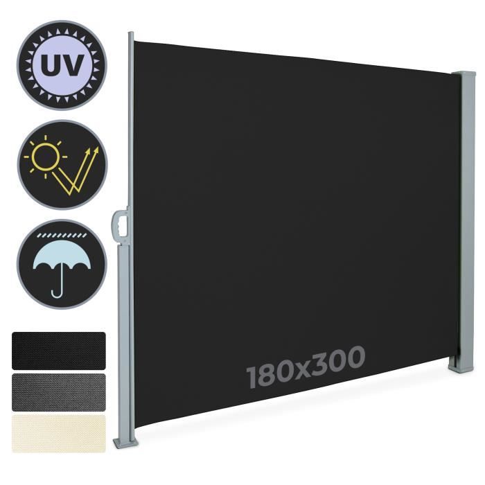 Jago® Paravent Extérieur Rétractable - 300x180cm, Noir - Auvent Store Latéral, Brise-Vue, Abri Soleil, Jardin
