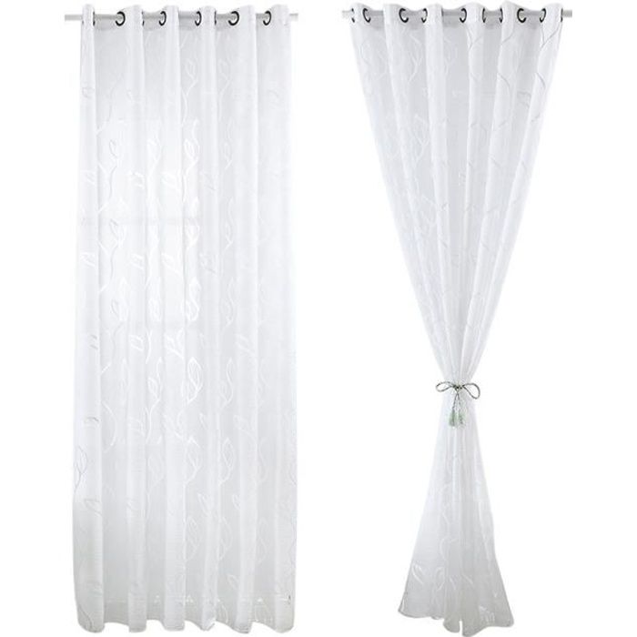 2 Pièces Rideaux Voilage Blanc 100x250 cm avec Motifs de Feuilles Décoration Élégante de Salon Chambre Salle à Manger