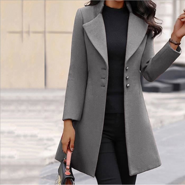 Manteau Long Femme En Laine - Trench Boutonné Style Parka, Chaud Pour Automne/hiver, Coupe Décontractée
