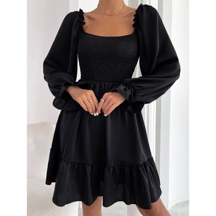 Robe en mousseline de soie pour femme manches longues imprimé tenue  décontractée mode printemps Noir