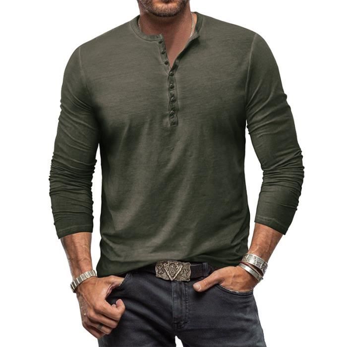 Vintage T Shirt Homme en Coton Manches Longues Henley Col