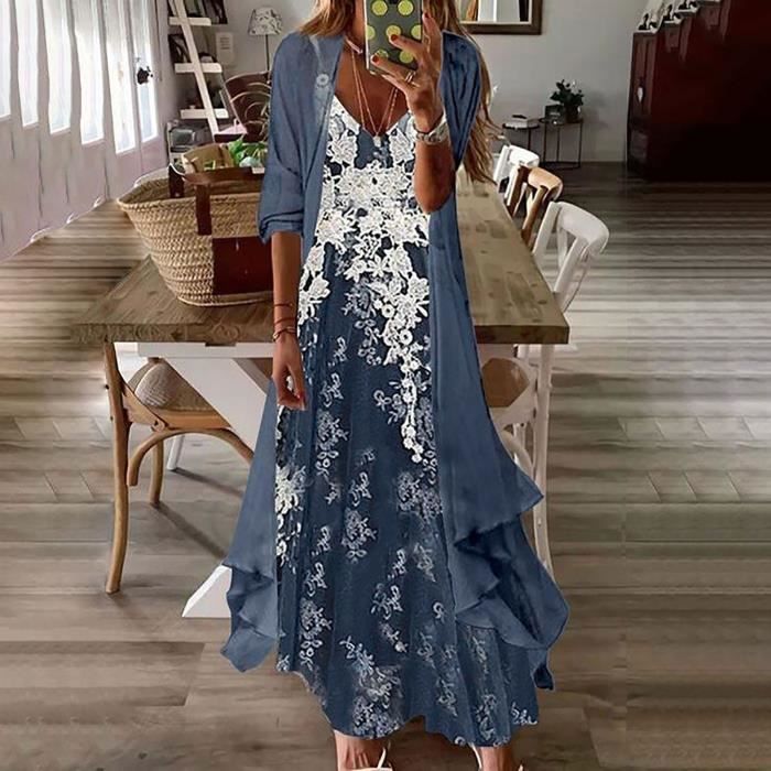 Longue robe vacances a la plage ete robe balancoire a manches longues ensemble deux pieces longue robe d impression grande taille M Bleu fonce Cdiscount Pret a Porter