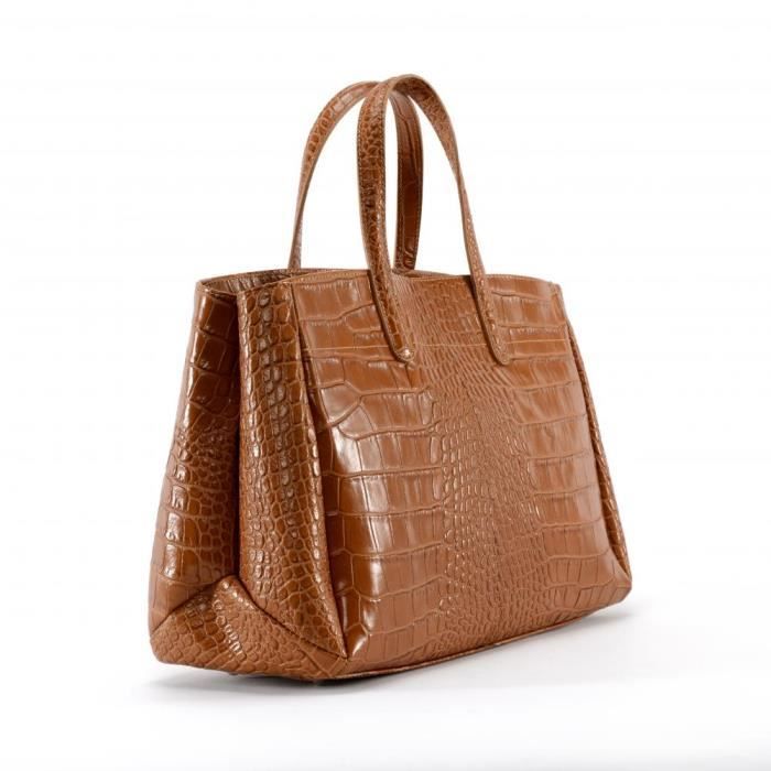 sac à main femme cuir "façon croco" - modèle be lady cognac foncé