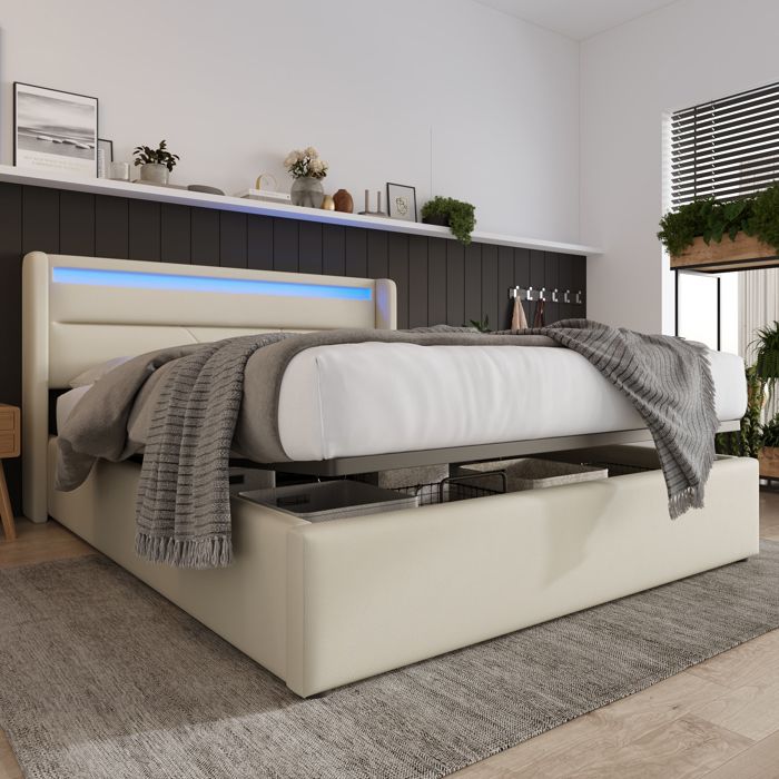Lit Double Coffre Hydraulique Avec Bande Led Lit Rembourré 160X200cm Lit Fonctionnel Blanc Avec Télécommande Lit Double Coffre Hydraulique Avec Bande Led Lit Rembourré 160X200cm Lit Fonctionnel Blanc Avec Télécommande