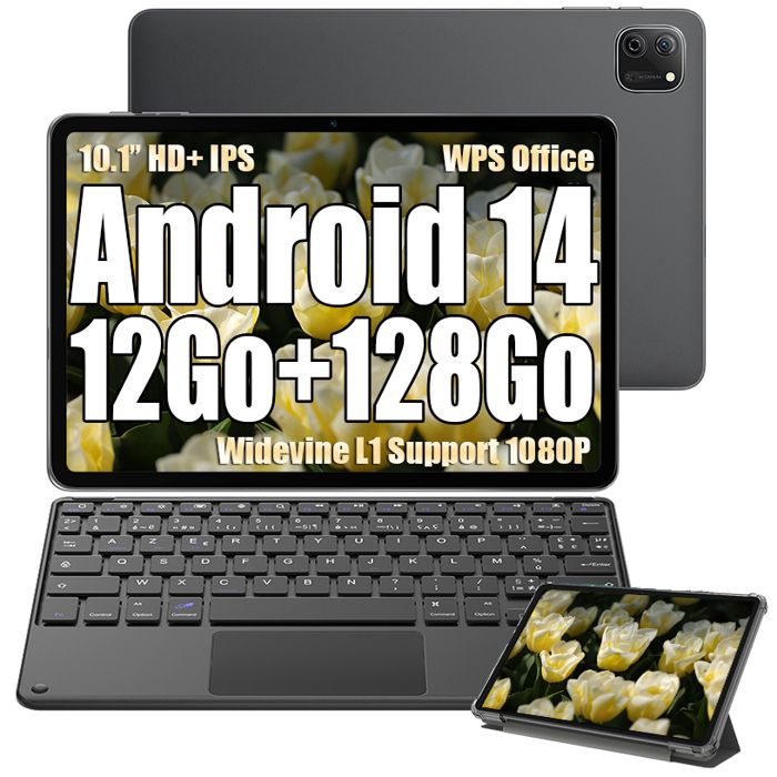 Oscal Pad 70 WiFi Tablette Tactile 10.1 HD+ IPS Android 14 2.4G+5G WiFi 6 RAM 8 Go ROM 128 Go-SD 1 To 6580mAh Gris Avec Clavier