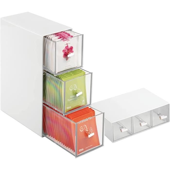 Boîte à Thé Avec 3 Tiroirs Transparents - Rangement Cuisine Ou Maquillage - Plastique Blanc - 22.8x16.6x7.7cm