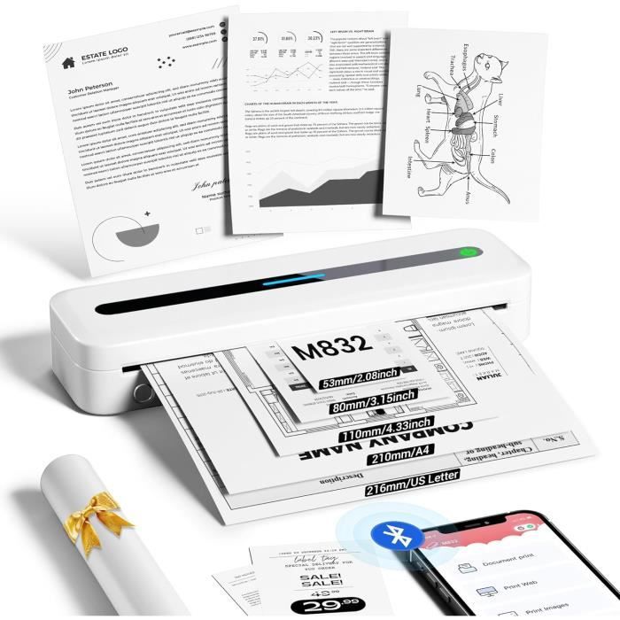 Imprimante Thermique Portable A4 - Sans Encre, Bluetooth - Papier Thermique - Pour Bureau, École - Rechargeable