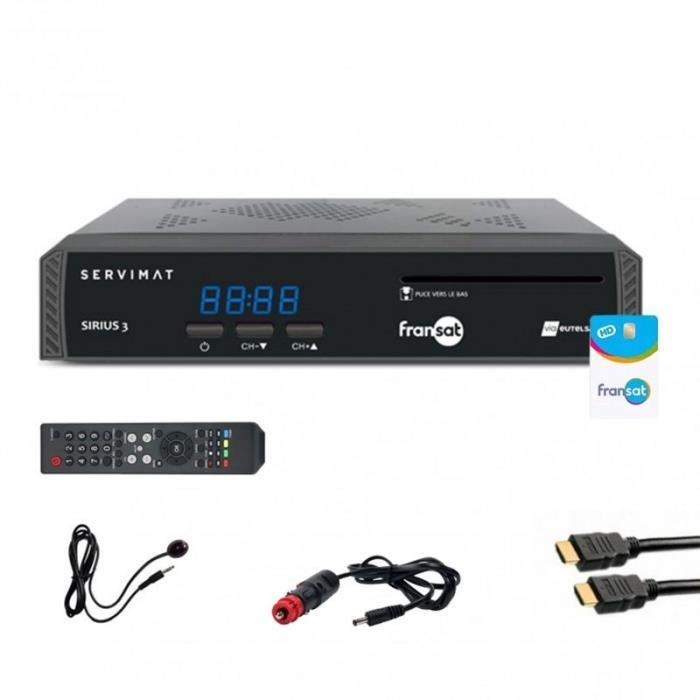 Pack SERVIMAT Récepteur TV satellite HD + carte Fransat + Câble HDMI + Câble 12V + Déport IR