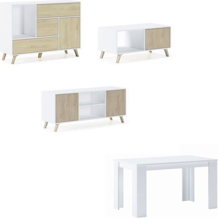 ensemble wind, salon, buffet-meuble tv-table basse-table fixe, couleur blanc, portes et tiroirs couleur chêne, rf937