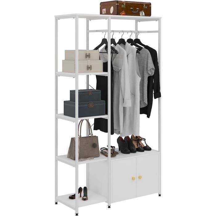 SogesHome porte-manteau autoportant avec étagères à 4 niveaux, rail et armoire, porte-manteau portable, blanc