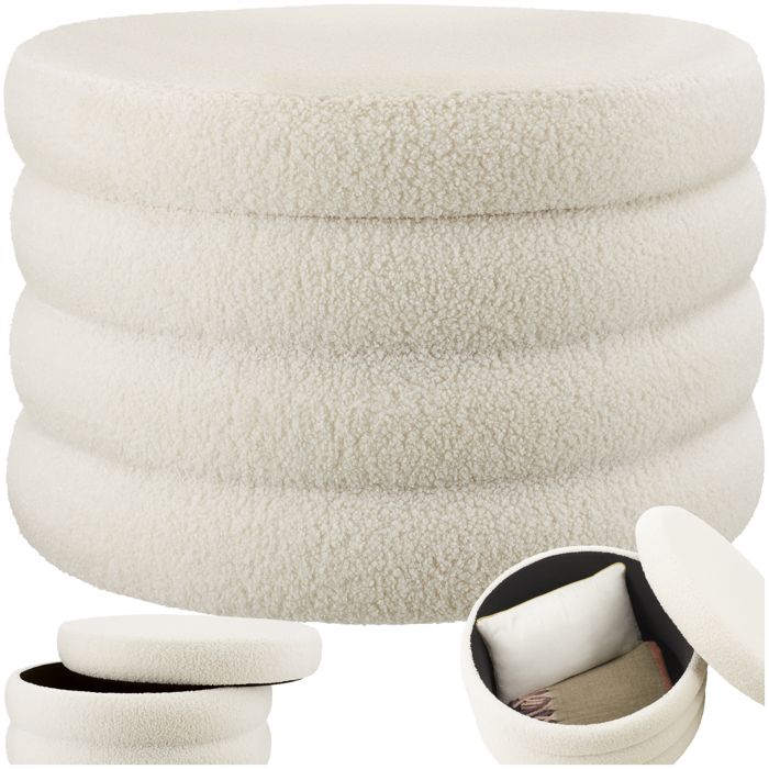 Tabouret - TECTAKE - Tabouret rond avec espace de rangement ALTU XL en bois MDF à laspect bouclé 67 x 42 cm - Crème/Blanc