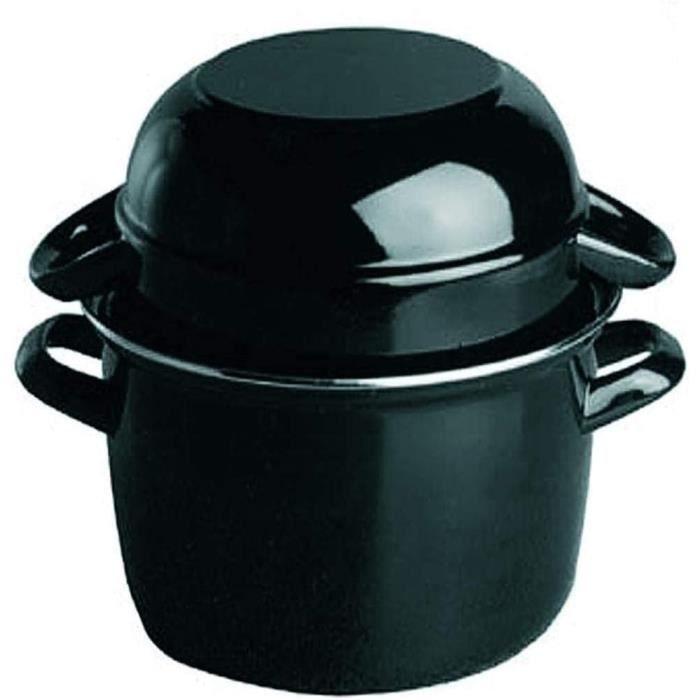 APS Pot à Moules Émaillé Noir 2,6 L Avec Couvercle Inox - Service 1 Kg, Diamètre 20-25 Cm, Hauteur 17 Cm