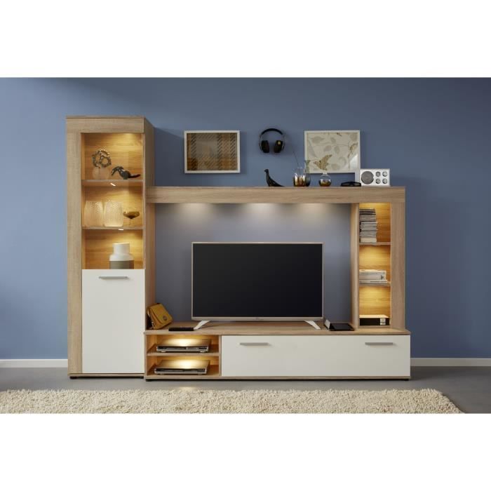 Ensemble meuble TV LOGO - 1 Porte - LED - Mélamine chêne clair et blanc mat - L240 x P41 x H185 cm - TRENDTEAM