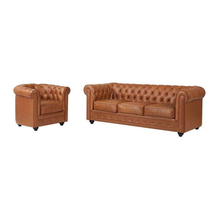 Canapé 3 places et fauteuil en cuir de vachette camel CHESTERFIELD