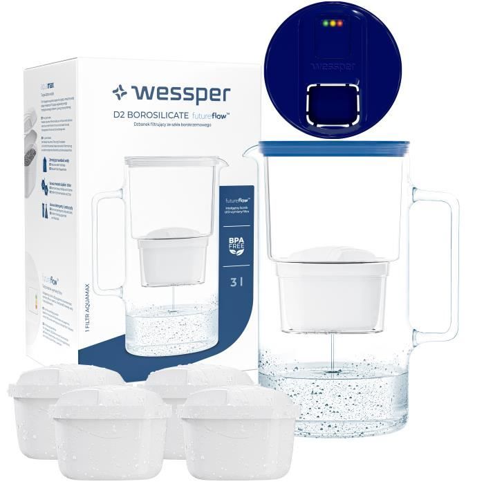 Gourde Filtrante Wessper En Verre Borosilicaté - Filtre Actitex DISC, 700 Ml, Sans BPA - Réduit Chlore, Goût, Odeurs - Pour Sport, Bureau, Voyage