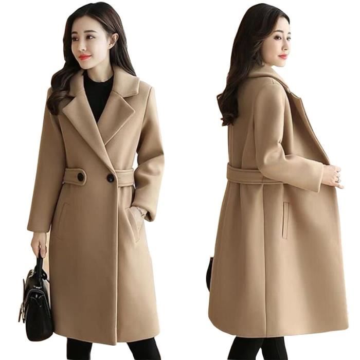 Manteau 2019 vetements d hiver laine manteau ceinture slim femmes manteau coreen automne femme laine manteau mode Type Khaki Blanc Cdiscount Pret a Porter
