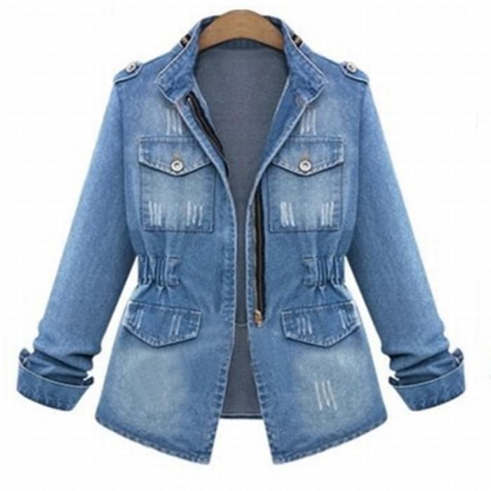 Veste en jean femme Marque Mi longue Taille ajustee Printemps Automne Bleu Cdiscount Pret a Porter