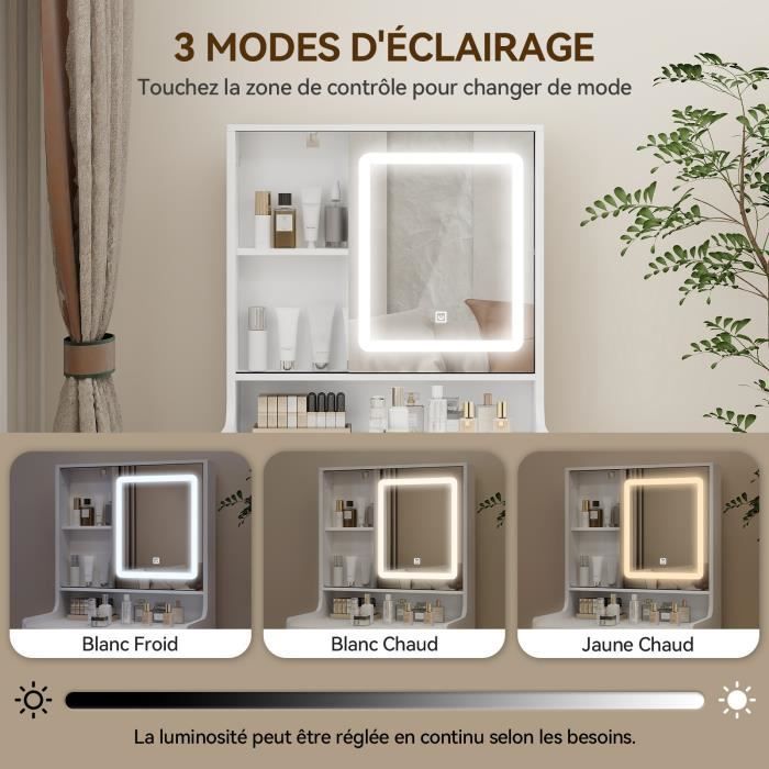 Coiffeuse Avec Miroir LED Réglable Et Tabouret Rangement - Bureau Maquillage 2 Tiroirs, Prises USB, 107x38.5x134 Cm