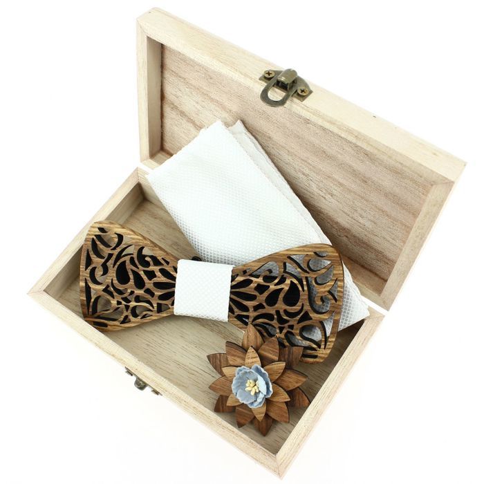 Coffret n?ud papillon Tony & Paul FLEURS 2D rouge et noir BOIS Pied de