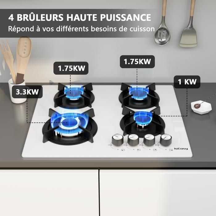 Plaque De Cuisson Gaz 4 Feux 60cm - Table De Cuisson Avec Allumage Auto, Sécurité Thermocouple, NG/LPG