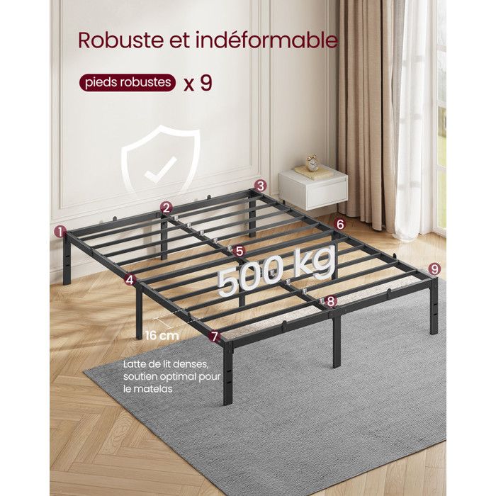 VERFARM Cadre De Lit Métal 140x200 Cm Avec Sommier à Lattes - Lit Double Noir Moderne, Hauteur 36 Cm, Grand Espace Rangement