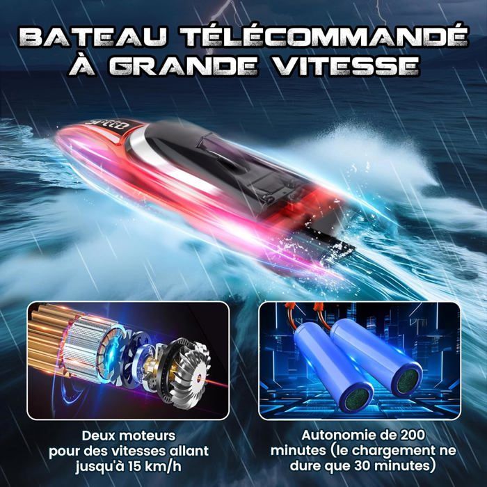 fisca Bateau télécommandé - Bateau RC à grande vitesse 1/72 pour piscines et lacs, remorqueur RC