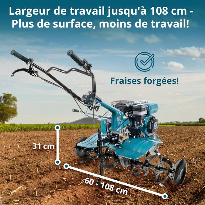 Motoculteur à Essence 2 Temps 1700W - Fraise à Gazon 52CC - Largeur 30cm