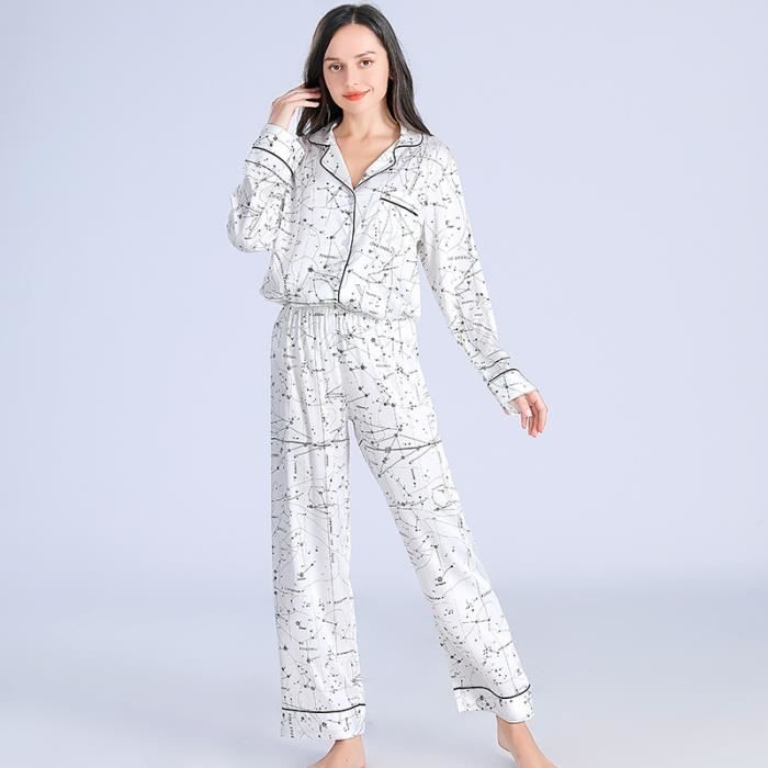 Pyjama Femme Ensemble de Vetement 2 Piece Simili Soie Veste+