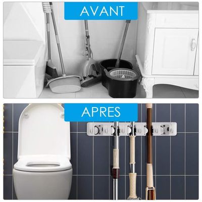 BAKAJI Porte-balais Et Brosses Murales à 5 Places, Porte-balai, Brosse Et Outils Muraux, Gain De Place, En Plastique, Gris, Fixation Par Vis, 6 Crochets De Toit Polyvalents