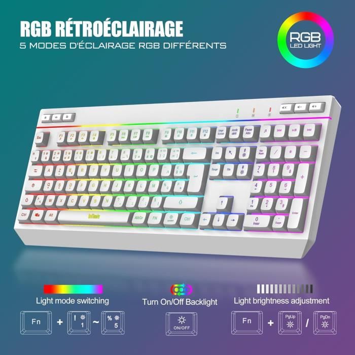Clavier Souris Sans Fil RedThunder K20 - Rétroéclairage RGB, Rechargeable, AZERTY Français