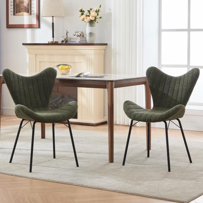 Lot De 4 Chaises De Salle à Manger En Chenille Moderne - Accoudoirs, Rembourrées, Pieds Métal Noir, Vert Olive