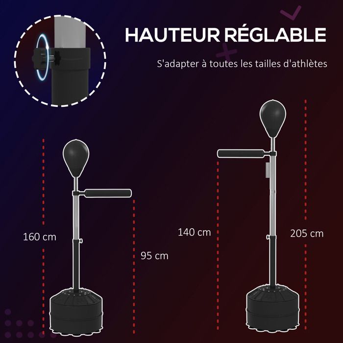 Sacco Da Boxe HOMCOM Brunier 3 In 1 Con Palla Velocità – Braccio Rotante, Altezza Regolabile 155-205 Cm, Base HDPE Riempibile – Attrezzatura Per Allenamento