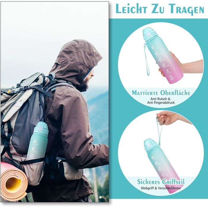 Gourde Sport 1 Litre Sans BPA - Avec Indicateur De Temps Et Paille, étanche, Bleu-vert - 11