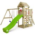 WICKEY Aire de jeux Portique bois MultiFlyer toit en bois avec balançoire et toboggan vert pomme Maison enfant extérieure-0