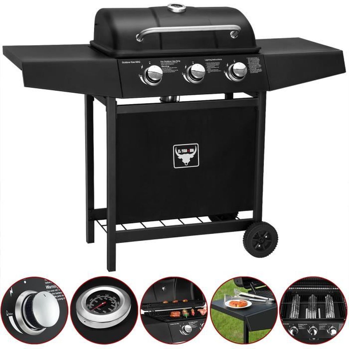 Barbecue Mixte Grill Plancha Electrique Barbecue A Gaz Bbq El Toro Avec 3 Bruleurs Roues Acier Jardin