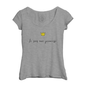 T-SHIRT T-shirt Femme Col Echancré Gris Je Suis une Princesse Dessin Couronne Jaune