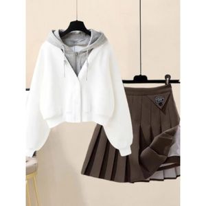 JUPE Jupe,sweat-shirt surdimensionné pour femmes, ensemble deux pièces, veste à capuche, jupe plissée, ensemble deux - White 2pcs set