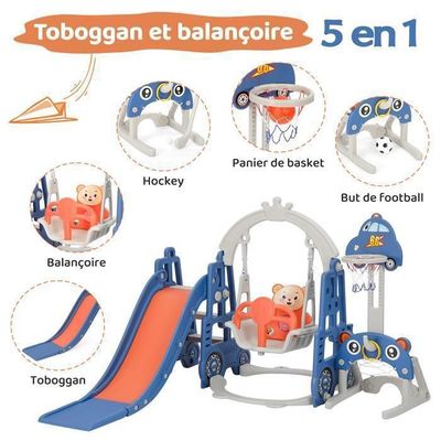 6 En 1 Toboggan Enfant En HDPE Avec Panier De Basket & Télescope, Aire De Jeux Intérieure Avec Échelle & Espace De Rangement, Jaune+Vert, Pour 1 Ans