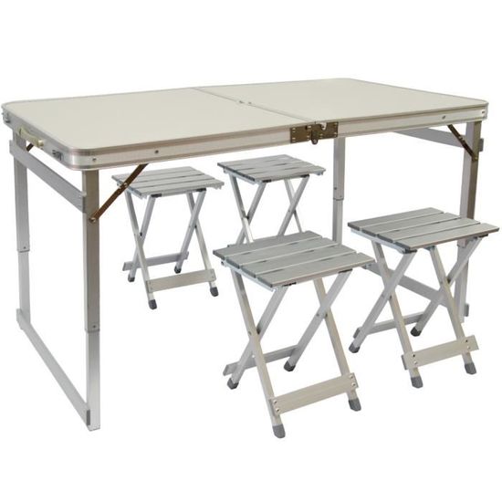Table de Camping pliable réglable en hauteur 120x70x70cm incl 4 Tabourets extra robuste pliant format mallette Aluminium