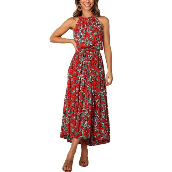 Robe Longue Imprimé Floral Et Pois - Col V, Manches Courtes - Taille Haute Avec Ceinture - Style Bohème Décontracté - Polyester Lavable Machine