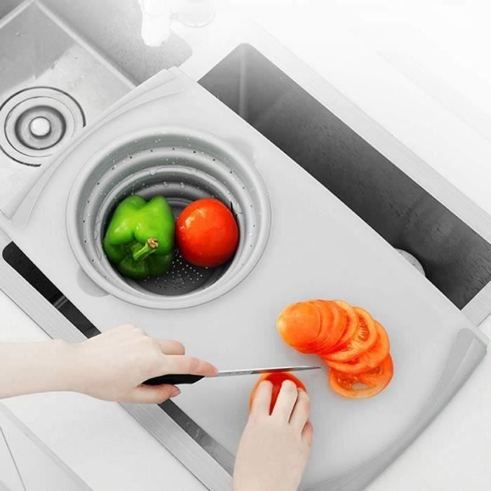 2 en 1 Planche à découper pour évier de cuisine multifonction avec égouttoir et panier pliable